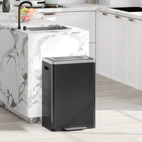 Caixote do lixo de cozinha com 2 compartimentos de 20 L cada, caixote com pedal, tampa com fecho suave, 40 x 34,8 x 59 cm, preto
