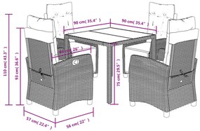 5 pcs conjunto de jantar p/ jardim c/ almofadões vime PE cinza