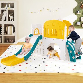 Escorrega infantil 9 em 1 com cesto de basquetebol, telescópio, ponte suspensa e túnel para 1+ anos 176 x 138 x 80 cm amarelo