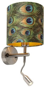 LED Candeeiro de parede moderno em aço com luz de leitura e abajur em veludo 20/20/20 Pavão - Dourado Moderno
