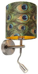 LED Candeeiro de parede moderno em aço com candeeiro de leitura e veludo de sombra 20/20/20 pavão - ouro Moderno