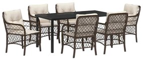 Conjunto de Jantar de Jardim com 7 Peças e Almofadas Marrons em Rattan
