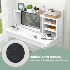 Secretária com Estante e Orifícios para Cabos Dispositivo Anti-Tipo para casa e escritório 140 x 50 x 75 cm Branco