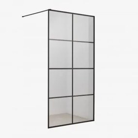 Mampara De Duche Fixa Com Decoração De Quadrados, Vidro Temperado 8 Mm E Alumínio Camden Transparente & Preto Mate & 90 X 195 Cm - Sklum