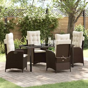 vidaXL Conjunto de jantar de jardim com 5 peças e almofadas marrom em rattan sintético.