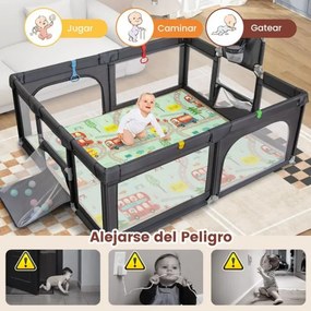 Parque infantil grande para bebés de 188 x 157 cm com aro de basquetebol, baliza, área de jogos com fecho e rede respirável cinzento escuro