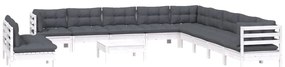 12 pcs conj. lounge de jardim c/ almofadões pinho maciço branco