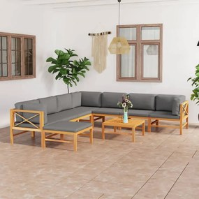 vidaXL 9 pcs conj. lounge jardim c/ almofadões cinzentos teca maciça