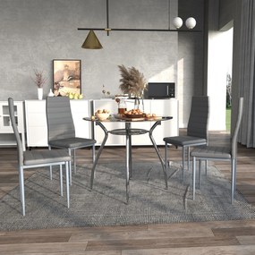 Conjunto de Refeição Conjunto de 5 Peças Mesa Redonda de Vidro Temperado Ø90x75 cm e 4 Cadeiras 42x52x96 cm Cinza