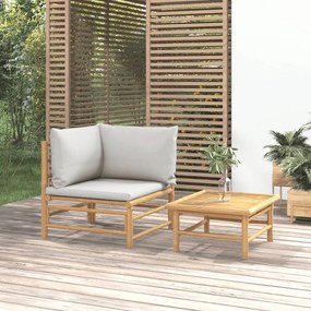 2 pcs conj. lounge de jardim bambu c/ almofadões cinzento-claro