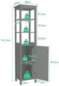 Armário de casa de banho estreito com 3 níveis Estante e 1 porta Armário organizador fino para sala de estar Cozinha 40 x 32 x 161,5 cm Cinzento