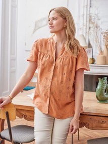 Blusa bordada, em gaze de algodão, especial gravidez e amamentação terracota