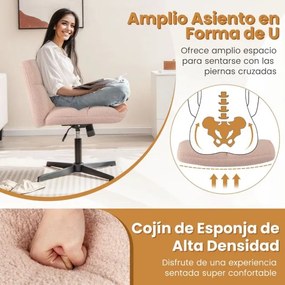 Cadeira giratória para escritório Sem Rodas com superfície de pelúcia felpuda, altura ajustável, base de metal e elevador a gás premium rosa