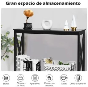 Mesa consola rústica com 2 níveis e prateleira em X para entrada, corredor e sala 100 x 30 x 80 cm preta