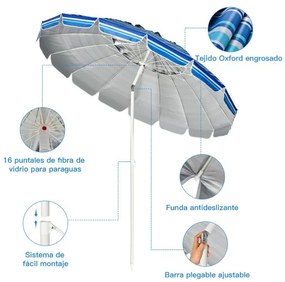 Guarda-sol de praia ajustável 2,2 x 2,45 m com proteção solar UPF50+ Inclinável Riscas azuis