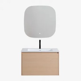 Conjunto De Móvel De Casa De Banho Suspenso 80x50 Cm Em Madeira Com Lavatório Integrado Jacob Madeira Natural & Quadrado Led - Sklum