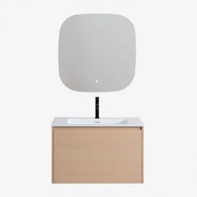 Conjunto De Móvel De Casa De Banho Suspenso Em Madeira Com Lavatório Integrado Jacob Madeira Natural & Quadrado Led E Anti-embaciamento - Sklum