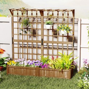 Floreira de jardim elevada em madeira 180 x 48 x 183 cm, com treliça, teto suspenso, 2 caixas, tabuleiro removível, plantas trepadeiras, flores, café