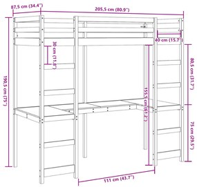 Cama alta sem colchão 80x200 cm pinho maciço castanho-mel