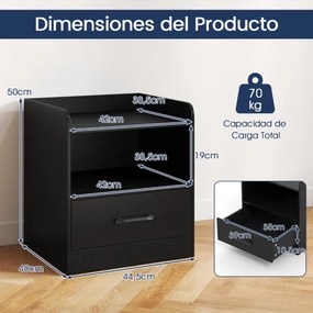 Mesa de cabeceira LED multicolorida 44,5 x 40 x 50 cm Mesa apoio com prateleira e gaveta Comando à distância para sala de estar e quarto Preto