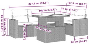 6 pcs conjunto de sofás jardim c/ almofadões vime PE castanho