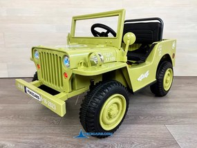 Jipe Willys 12V 1 Lugar 4x4 elétrico para crianças Todo terreno, rodas de borracha, assento Couro sintético cáqui militar