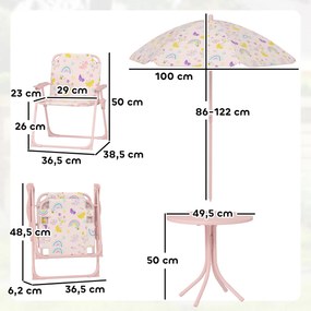 Conjunto de Mesa e Cadeiras para Crianças de Jardim com Cadeiras Dobráveis Chapéu de Sol Ajustável e Desenho de Raposas Rosa