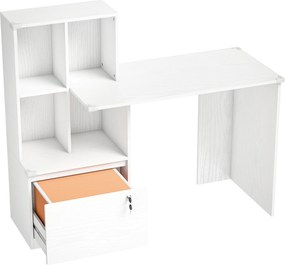 HOMCOM Mesa para computador com estante 4 compartimentos e gaveta com fechadura, 126 x 50 x 109 cm, grão de madeira branco | Aosom Portugal
