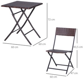 Conjunto de 3 Peças de Rattan Conjunto de 2 Cadeiras e Mesa para Pátio Varanda Jardim Dobrável Desenho Trançado Elegante Mesa de 60x60x72 cm Cor Marro