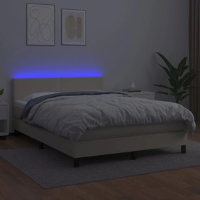Cama box spring c/ colchão/LED 140x190cm couro artificial creme
