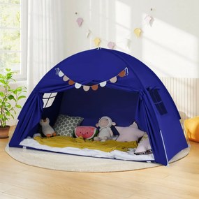 Tenda dobrável e portátil brincar para crianças 201 x 100 x 122 cm com 2 janelas e bandeiras para beliches duplos azul