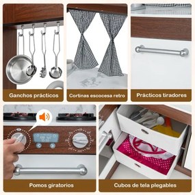 Cozinha de brincar de canto em madeira para crianças com luzes e sons, sistema de circulação de água, cortinas enroláveis e acessórios Castanho