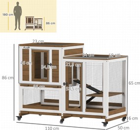 Coelheira de Madeira Interior Gaiola para Coelhos de 2 Níveis com Rodas 2 Rampas 3 Bandejas Amovíveis 110x50x86 cm Castanho