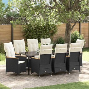vidaXL Conjunto de Jantar de Jardim de 9 Peças com Almofadas Preto Rattan PE