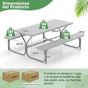 Conjunto jardim de 2 bancos e mesa para 8 pessoas com estrutura metálica Buraco para guarda-sol Cinzento