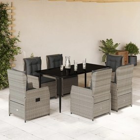 7 pcs conj. jantar p/ jardim c/ almofadões vime PE cinza-claro