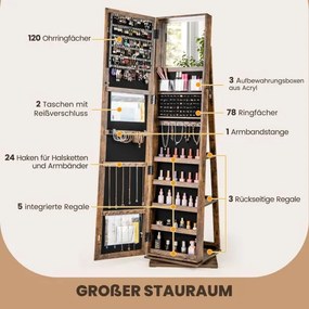 Armário para joias 43 x 38 x 159 cm giratório 360° com espelho de corpo inteiro prateleiras traseiras cor castanho vintage