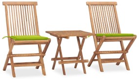 3 pcs conj. jantar dobrável exterior c/ almofadão teca maciça