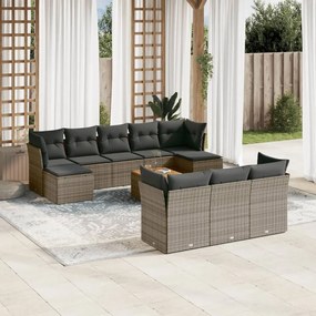 11 pcs conjunto sofás de jardim c/ almofadões vime PE cinzento