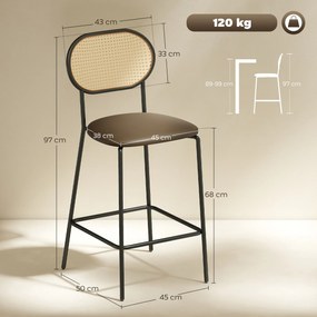 Conjunto de 2 Bancos de Bar Bancos Altos de Cozinha com Encosto em Vime Assento em PU Estrutura de Aço 45x50x97 cm Castanho