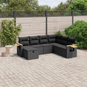 7 pcs conjunto de sofás p/ jardim c/ almofadões vime PE preto