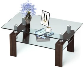 Mesa de centro retangular 99,5 x 59,5 x 44,5 cm com tampo de vidro, pernas metálicas e prateleira Castanho
