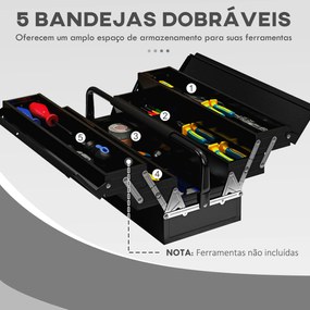 Caixa de Ferramentas de Aço Dobrável com 5 Compartimentos Mala de Ferramentas com Pega para Oficina e Casa 45x20x34,5 cm Preto