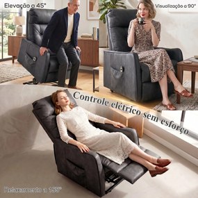 Poltrona Relax Reclinável Elétrica Elevatória em Couro PU com Controlo Remoto, Assento com Molas, Apoio para os Pés, Cinzento