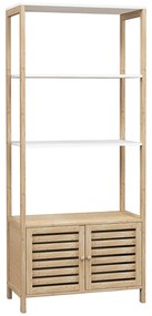 HOMCOM Estante para Casa de Banho de Bambu com 3 Prateleiras Abertas Estante de Arrumação Casa de Banho com Portas Ripadas 63x30x138 cm Madeira e Branco