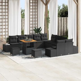 Conjunto de Sofá de Jardim vidaXL de 13 peças com Almofadas Preto Vime Sintético Acácia