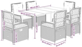 7 pcs conjunto de jantar p/ jardim c/ almofadões vime PE cinza