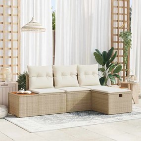 vidaXL Conjunto de Sofás de Jardim de 4 Peças com Almofadas Bege Rattan Poly