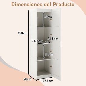 Armário alto de armazenamento 37,5 x 40 x 150 cm com 4 níveis e porta para cozinha ou sala de estar Branco
