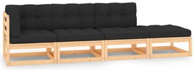 4 pcs conjunto lounge de jardim c/ almofadões pinho maciço